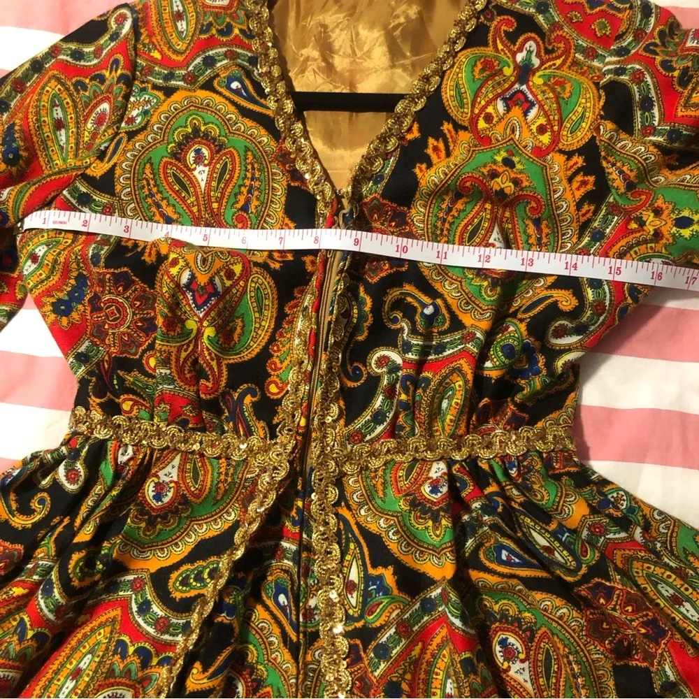 Vtg Jumpsuit 60s 70s Psychedelic Paisley Palazzo Leg Gold Rick Rack Trim S-XS - Picture 8 of 12